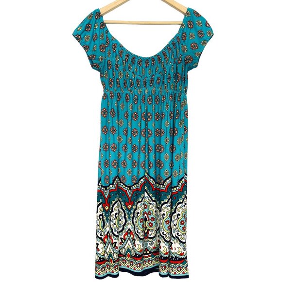 Muse Milkmaid Dress Womens 4 Blue Floral Stretch Knit Puff Sleeve Boho Hippie - Picture 1 of 9